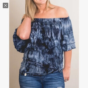 Simply Southern Off-Shoulder Blue Tye-Dye Ruffled Sleeve Top, Size S